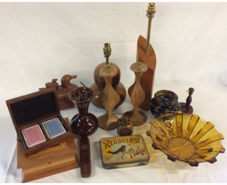 Wooden turned lamp, candlesticks, vintage Redbreast flake tin, boxes etc