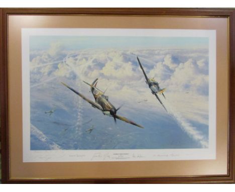 Limited edition print by Robert Taylor 'Combat over London' pub. proof no 17/50 signed by 6 famous Battle of Britain Aces inc