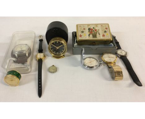 Looping travelling alarm clock with case , V Buerche Girod travelling clock, Clover musical compact & various watches