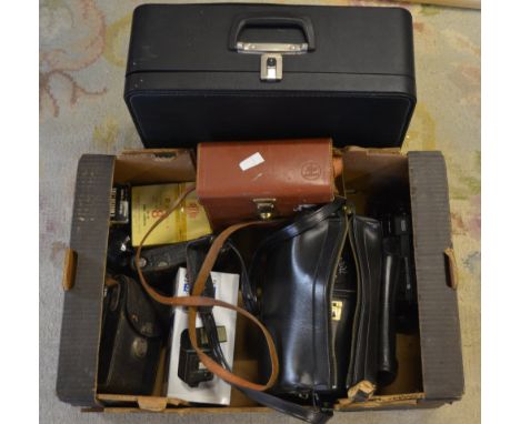 Various vintage cameras, accessories and a large cased Zeiss Ikon projector