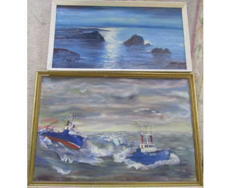 2 oil on boards - Tug Boats by Andreas Jensen 97 cm x 67 cm and a seascape signed Fegan