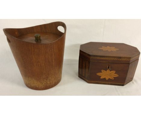 Early 19th century inlaid tea caddy converted to a box & a wooden lidded ice bucket