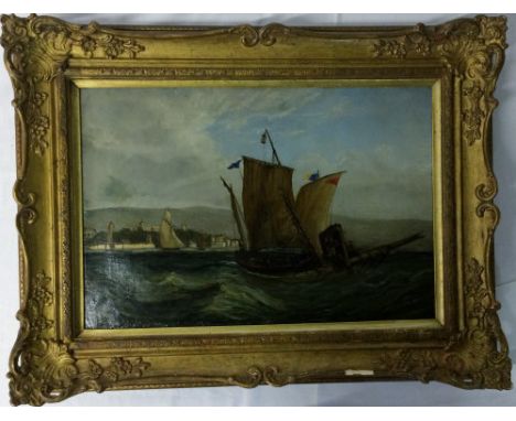 19th century oil on canvas of a seascape  with boat & shipwreck mast in foreground & a town in background. Frame size 63cm by