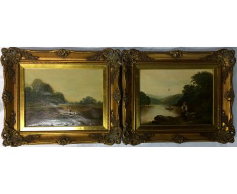 Pair of framed oils on canvas of a continental landscape with a woman feeding geese in the foreground & a woman on the bank o