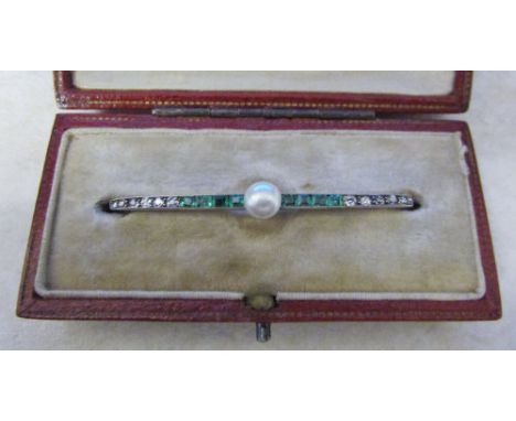 Tested as 9ct and 15ct gold diamond, emerald and pearl bar brooch L 5 cm