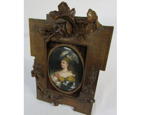 Miniature portrait painting of a lady approx 9cm x 12 cm in a carved wooden frame 18 cm x 26 cm