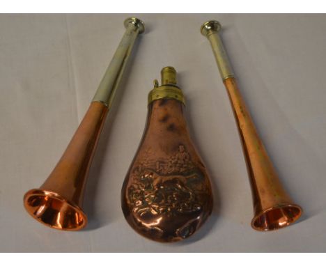Copper powder flask and two small hunting horns