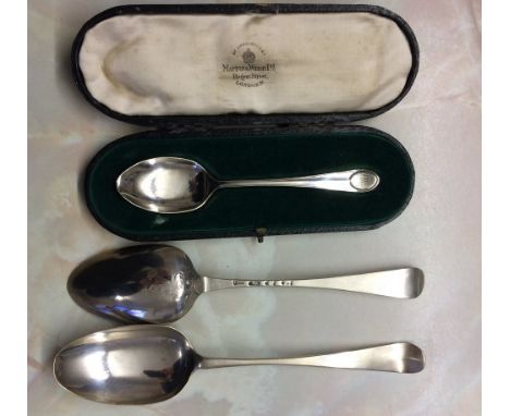 Pair of early George III table spoons with floral scroll backs - London 1768 maker Robert Sallam 21 cm in length & a cased si