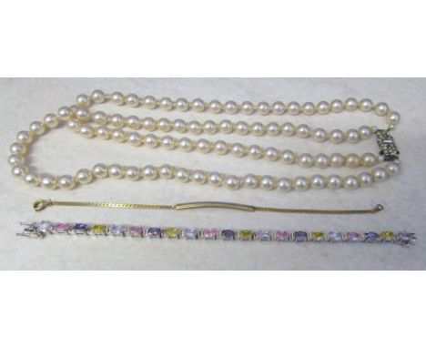 Vintage pearl necklace, silver multicoloured bracelet marked 925 length 7"  & a small plated ID bracelet L 7"