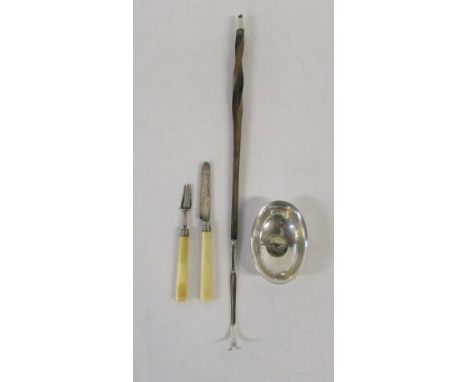 Small silver childs knife and fork Birmingham hallmark together with a silver toddy ladle (needs reattaching)