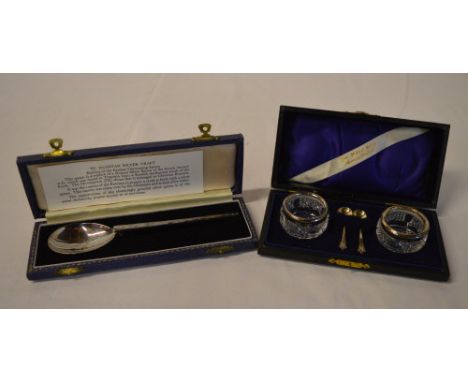 Silver spoon and cased pair of salts with silver rims