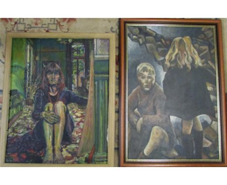 2 oil paintings -  self portrait by Lesley Collins 67 cm x 82 cm & 'Children' by Mark Holmes