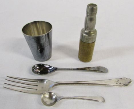 Miniature John Dewar & Son whisky bottle shaped corkscrew, small silver fork Sheffield hallmark, Loftus London measure, silve