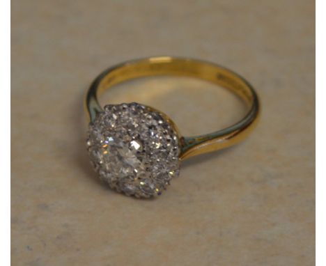 18ct gold and platinum diamond cluster ring, approx total diamonds approx 1.3ct Ring Size R