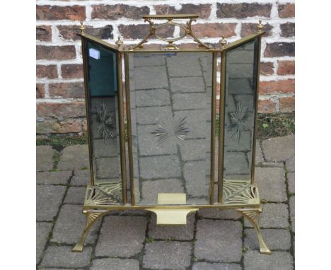 Triptic glass and brass fire screen L 58 cm, H 79 cm D 15 cm