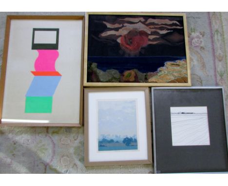 Assorted paintings etc - Summer fields (screen print) by Michael Kirk, collage by John Boucher, Lines and Levels III by David