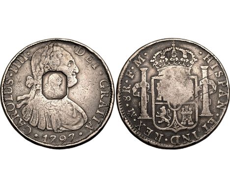 GREAT BRITAIN. George III, 1760-1820. Silver 8 reales countermarked, 1797. Mexico. Draped bust of King Carlos IV facing right