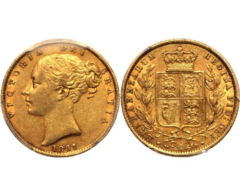 UNITED KINGDOM. Victoria, 1837-1901. Gold sovereign, 1861. London. Roman I. Second young head of Victoria facing left, hair t