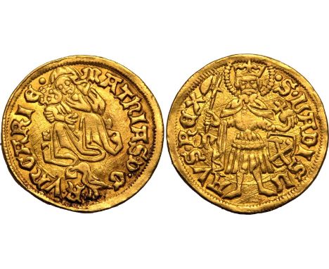 HUNGARY. Matthias Corvinus, 1458-1490. Gold goldgulden, 1482-1489. Obv: MAThIAS • D • G • R • VNGARIЄ •, veiled Madonna enthr