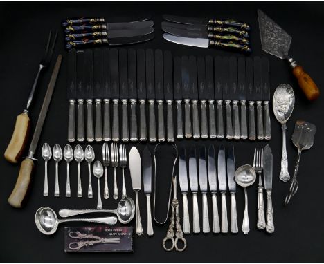 A collection of silver plated cutlery. Including a set of ceramic ceramic hand painted handled butter knives with Japanese de