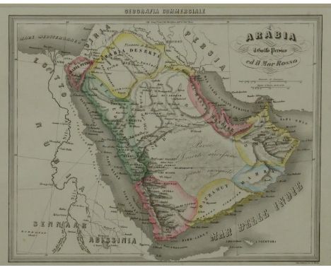 A framed and glazed antique map of Arabia by Geografia Commericale, showing the Persian Gulf.  H.49 W.58cm 