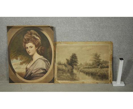 An unframed landscape charcoal drawing on board, unsigned, along with an oleograph portrait of Lady Craven. Largest H.60 W.46