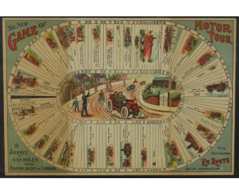 A framed and glazed vintage print showing the gaming board for 'The New Game of Motor Tour' H.39 W.55 