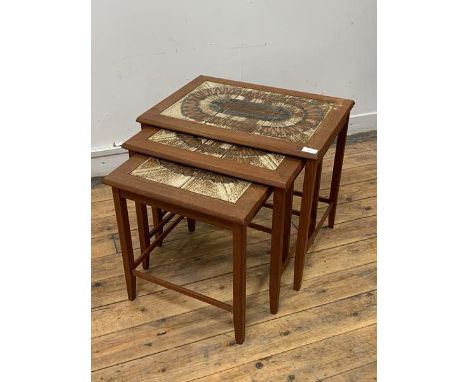 Toften, A Danish teak nest of three tables, the tile tops raised on square section supports, H48cm, W55cm, D41cm
