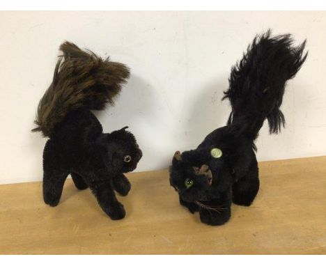 Two vintage toy cats, one with Chad Valley Hygenic toys button with label, the other with Arnell's Alpha Toys Label, tallest 
