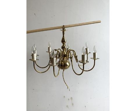 A Brass eight branch Dutch style chandelier, (H46cm) together with a similar three branch chandelier, (H41cm)