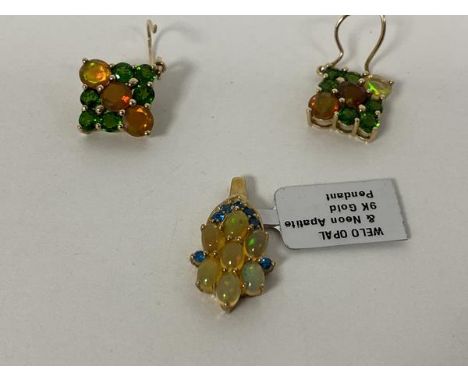 A pair of pendant 9ct gold earrings, each set cut coloured stones (each: 2cm) and a pendant for necklace with welo opal and n