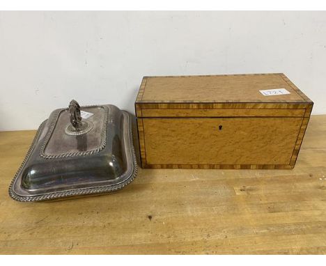 A late 19thc/early 20thc tea caddy, the interior complete with three lids and partially lined (a/f) (15cm x 31cm x 15cm) and 