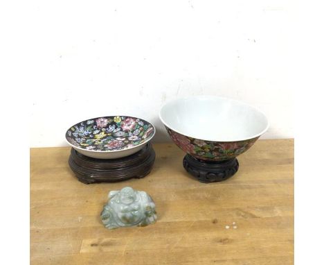 A Chinese famille noir bowl stamped Made in China 09  to base, measures 6.5 x 16 with matching bowl, two stands and a jade bu