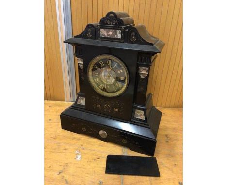 A late 19th early 20thc slate mantle clock of architectural form with marble and gilt inlay measures 49x41x19cm