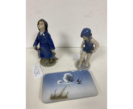 A group of Royal Copenhagen figures including a Boy in Raincoat (19cm), a Girl in Swimwear and a trinket dish with Swallows