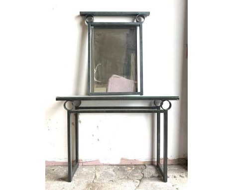 A Contemporary glass topped console table, raised on a brushed metal base (H78cm, W110cm, D35cm) together with a matching wal