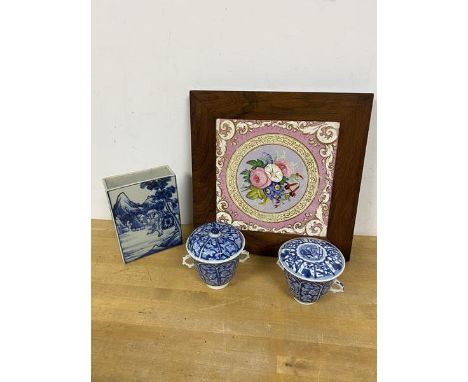 A mixed lot of china including two lidded dishes, both with floral decoration, one with a knop,  a square vase, and a framed 