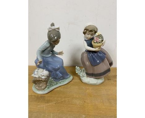 A Lladro figure of girl carrying flower pot measures 17cm high and another Nao figure of girl sitting by puppy (2)