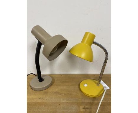 An Endon part gooseneck desk lamp with yellow shade and base measures 38cm high and another gooseneck desk lamp with grey sha
