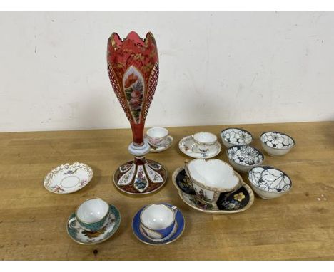 A mixed lot including a 19thc German glass vase with painted ceramic panels of tulip form (23cm), three miniature teacups and