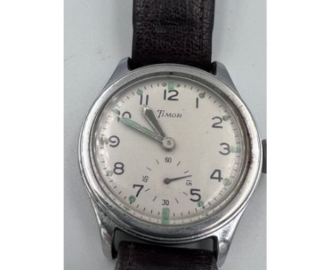 A gentleman's stainless steel British military Timor W.W.W. wristwatch, circa 1945, part of the "dirty dozen" Case: 36mm. Sta