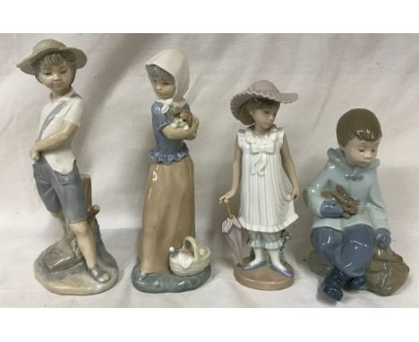 A collection of four Nao figurines to include "Boy with Catapult", "Girl with Umbrella", "Girl holding a Puppy with a Basket"