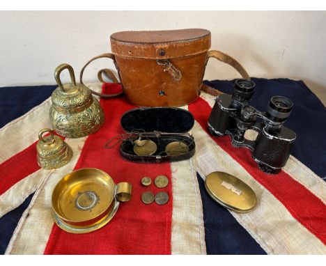 A good miscellany to include a metal cased set of scales with steel balance bar and pair of brass pans suspended with green t
