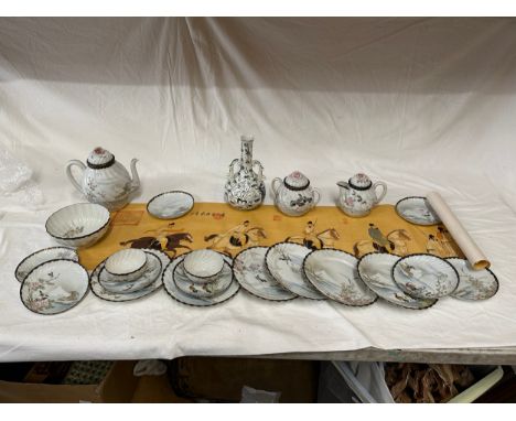 A miscellaneous lot of oriental items to included a Chinese paper scroll, a two handled vase and a set of ceramics decorated 