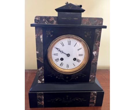 Black slate and marble mantle clock 31h x 22.5w x 14cm d. 