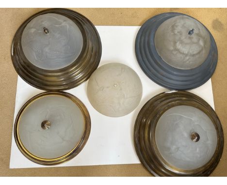Light fittings with glass and metal shades depicting birds largest 48cm d. 