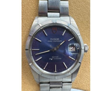 A 1970's Tudor Prince Oysterdate automatic blue dial, Rolex crown on Tudor stainless steel bracelet. With Tudor case and box.