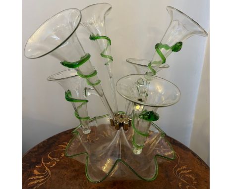 A 19thC green and clear glass epergne. 