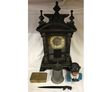 A box of miscellaneous items to include a money box, formed as a gentleman in a blue jacket, 16cm h, a half pint pewter tanka