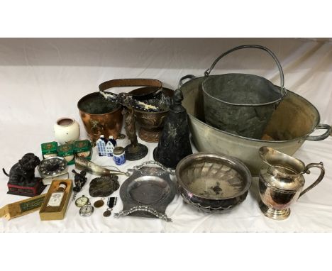 A miscellany to include a galvanised bucket and bath, two copper containers, a figurine 26cm h, a Mappin &amp; Webb bowl 27cm